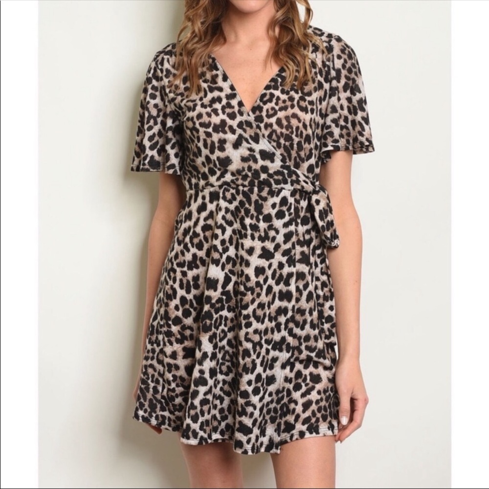 Source Unknown Leopard Print V-Neck faux Wrap Mini Dress - Taupe & Black